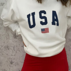 Peonies & Anemones White Floral Wallpaper • Girl with USA jumper in front of White Floral Wallpaper