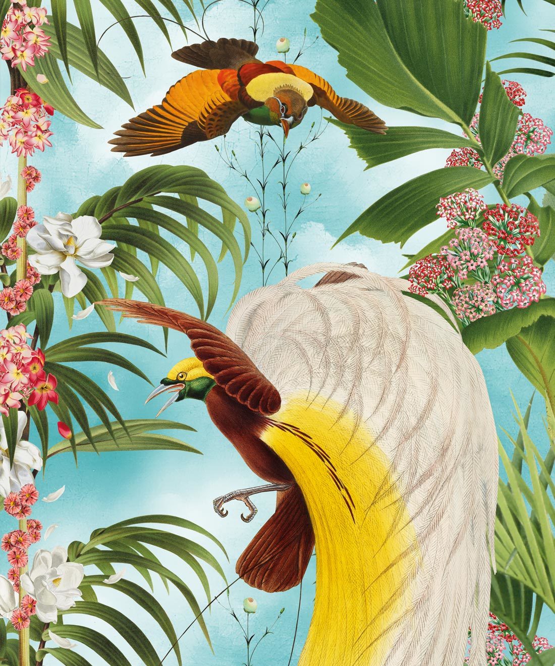 Papel pintado Paradiso con aves exóticas y palmeras tropicales