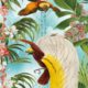 Sfondo Paradiso con uccelli esotici e palme tropicali