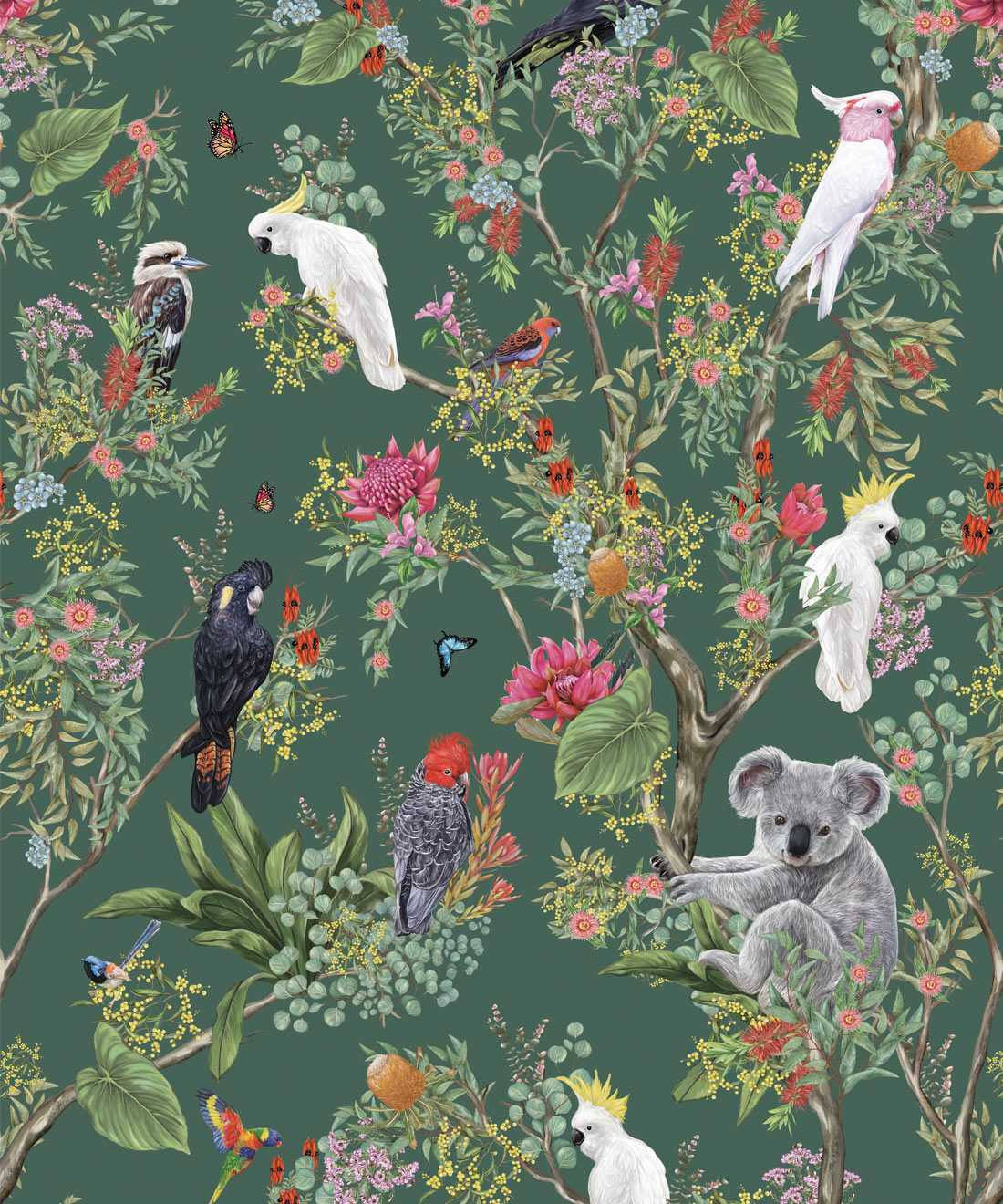 Australia Wallpaper • Cockatoos, Koalas, Parrots, Finches • Milton & King Europe • Green Wallpaper Swatch