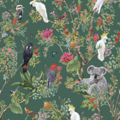 Australia Wallpaper • Cockatoos, Koalas, Parrots, Finches • Milton & King Europe • Green Wallpaper Swatch