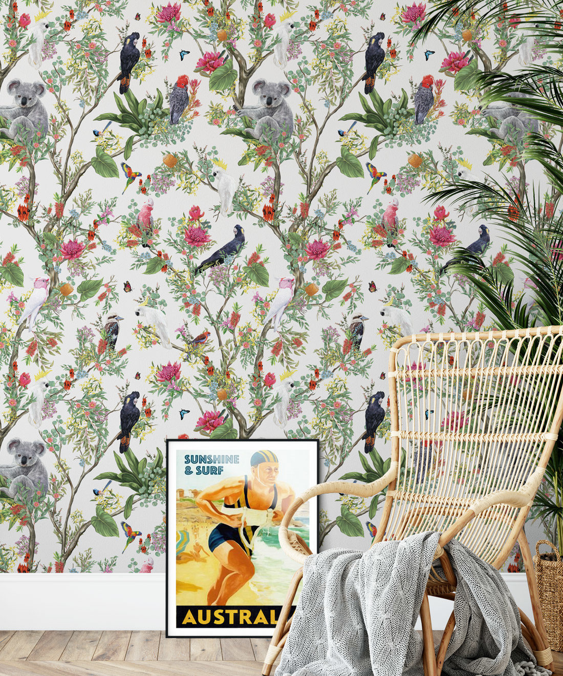 Australia Wallpaper • Cockatoos, Koalas, Parrots, Finches • Milton & King USA • Canvas Wallpaper Insitu