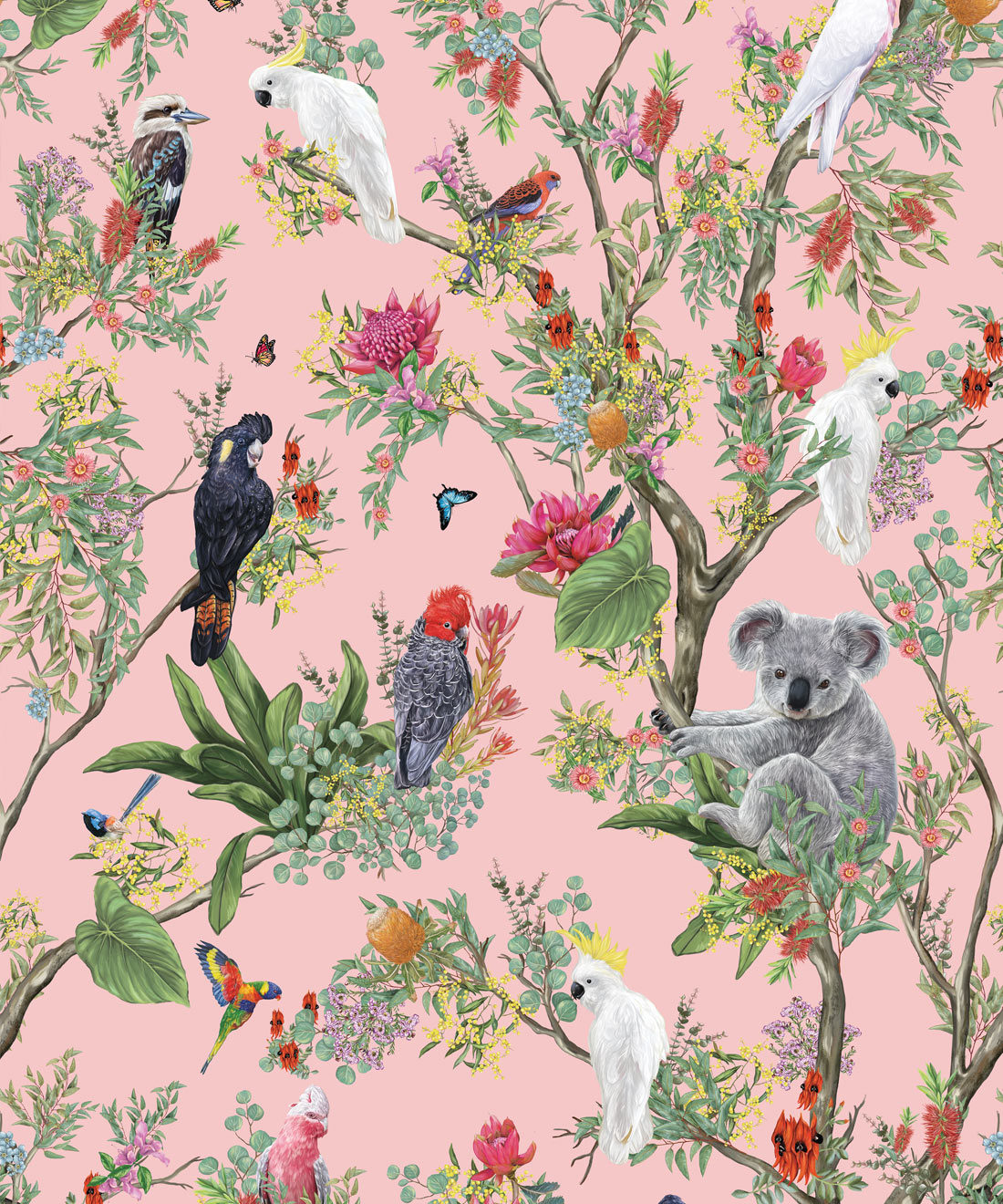Australia Wallpaper • Cockatoos, Koalas, Parrots, Finches • Milton & King USA • Coral Wallpaper Swatch