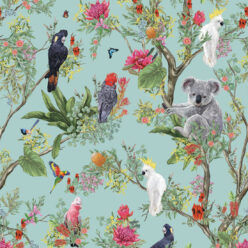 Australia Wallpaper • Cockatoos, Koalas, Parrots, Finches • Milton & King Europe • Mint Green Wallpaper Swatch