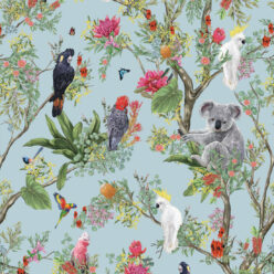 Australia Wallpaper • Cockatoos, Koalas, Parrots, Finches • Milton & King Europe • Aqua Wallpaper Swatch