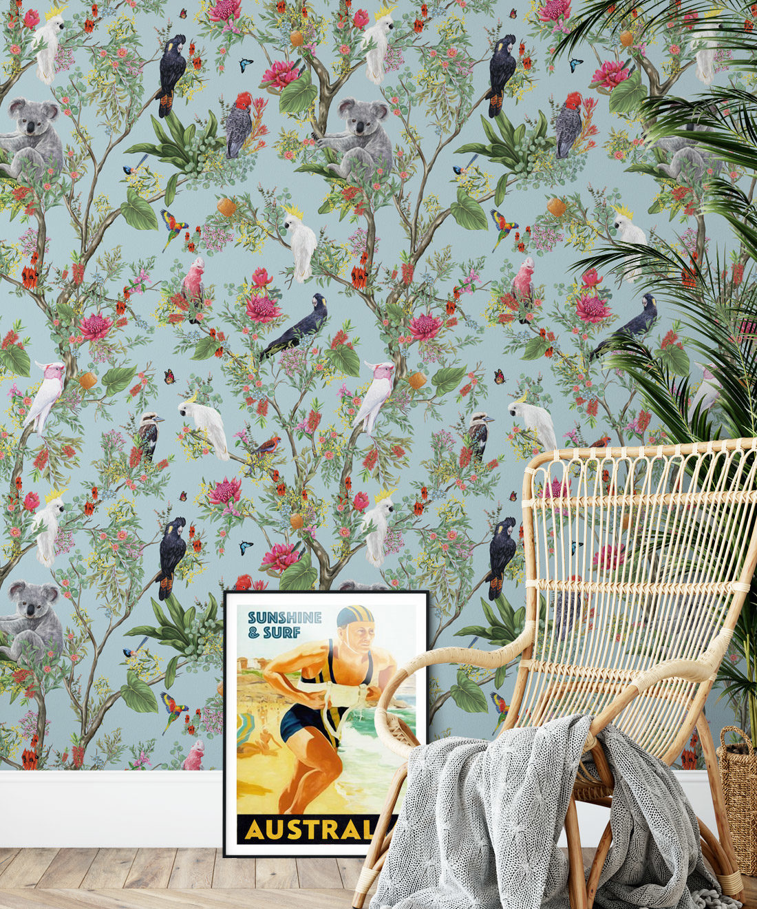 Australia Wallpaper • Cockatoos, Koalas, Parrots, Finches • Milton & King USA • Aqua Wallpaper Insitu