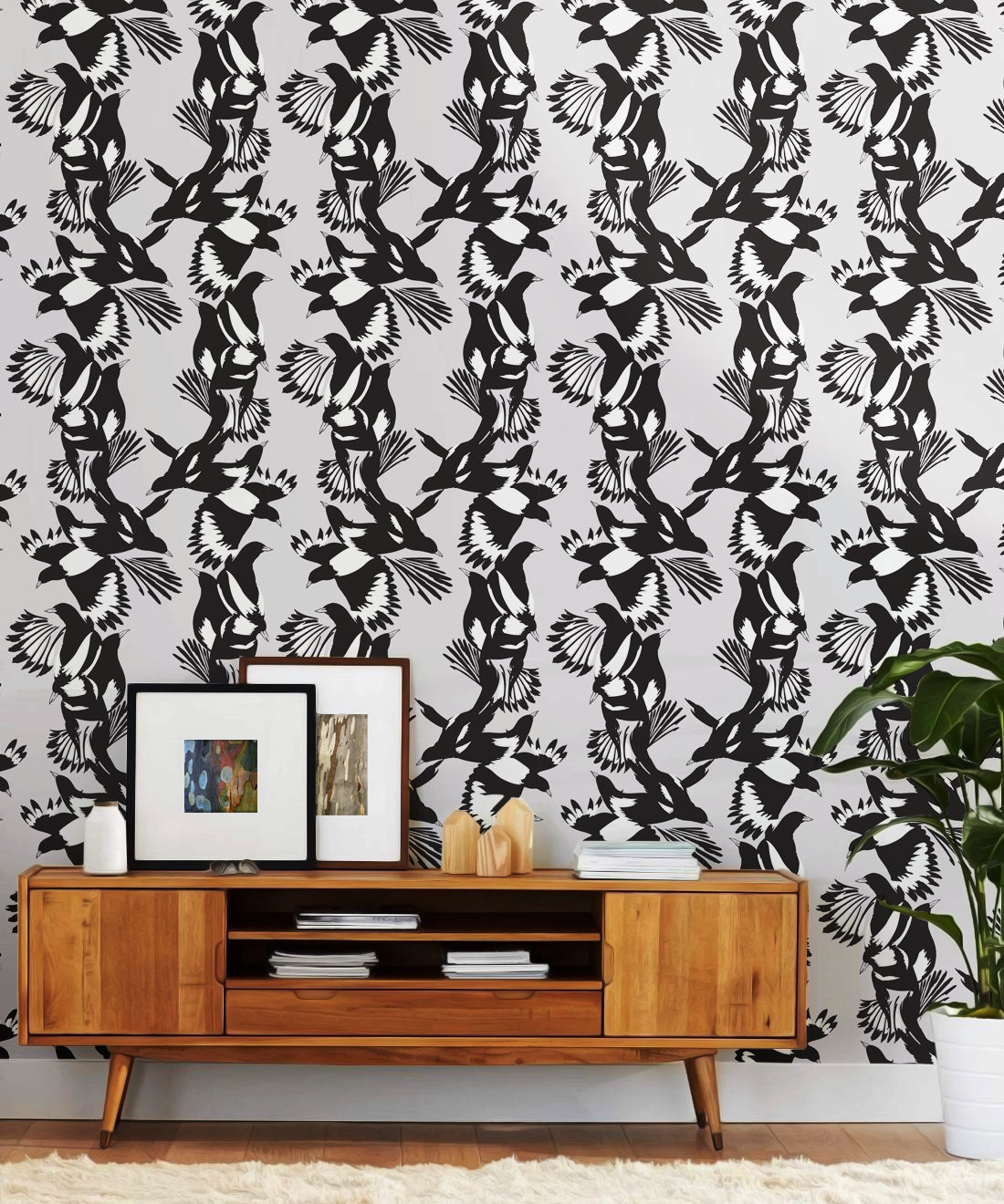 Magpie Wallpaper - Milton & King - Kingdom Home - Papier peint oiseaux - Insitu noir et blanc