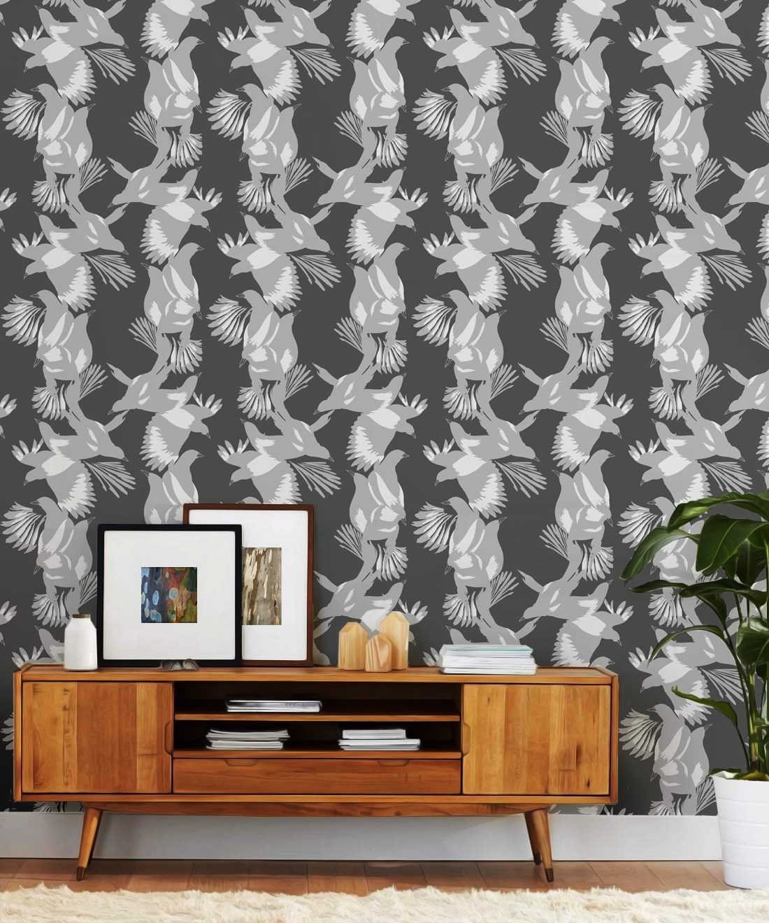Magpie Wallpaper - Milton & King - Kingdom Home - Papier peint oiseaux - Slate Insitu