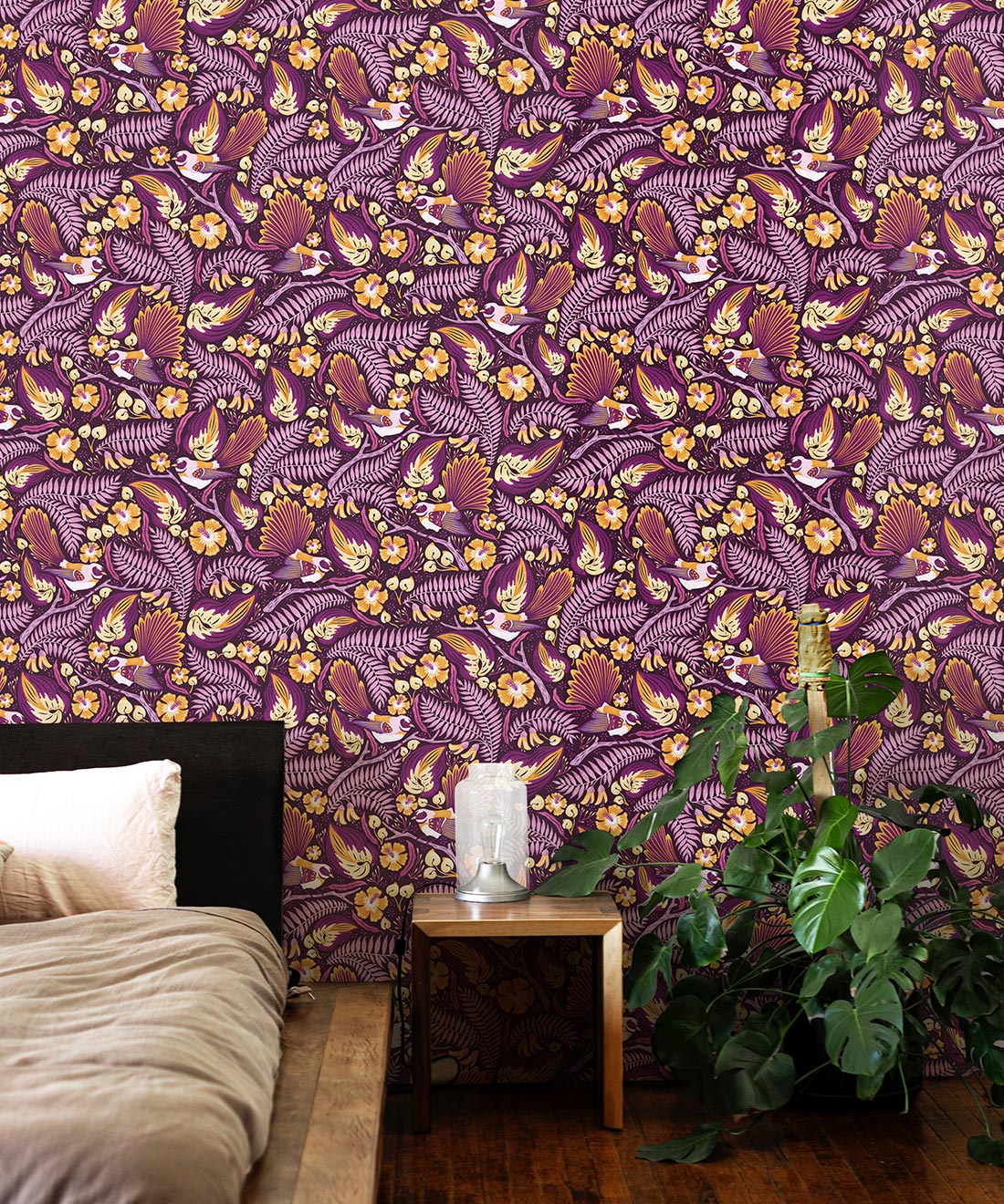 Faintails Wallpaper • New Zealand • Bird Wallpaper • Kowhai Tree • Kowhai Flowers • Purple Wallpaper • Insitu
