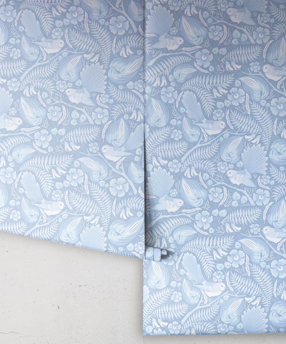 Faintails Wallpaper • New Zealand • Bird Wallpaper • Kowhai Tree • Kowhai Flowers • Light Blue Wallpaper • Ice Colorway • Wallpaper Drops