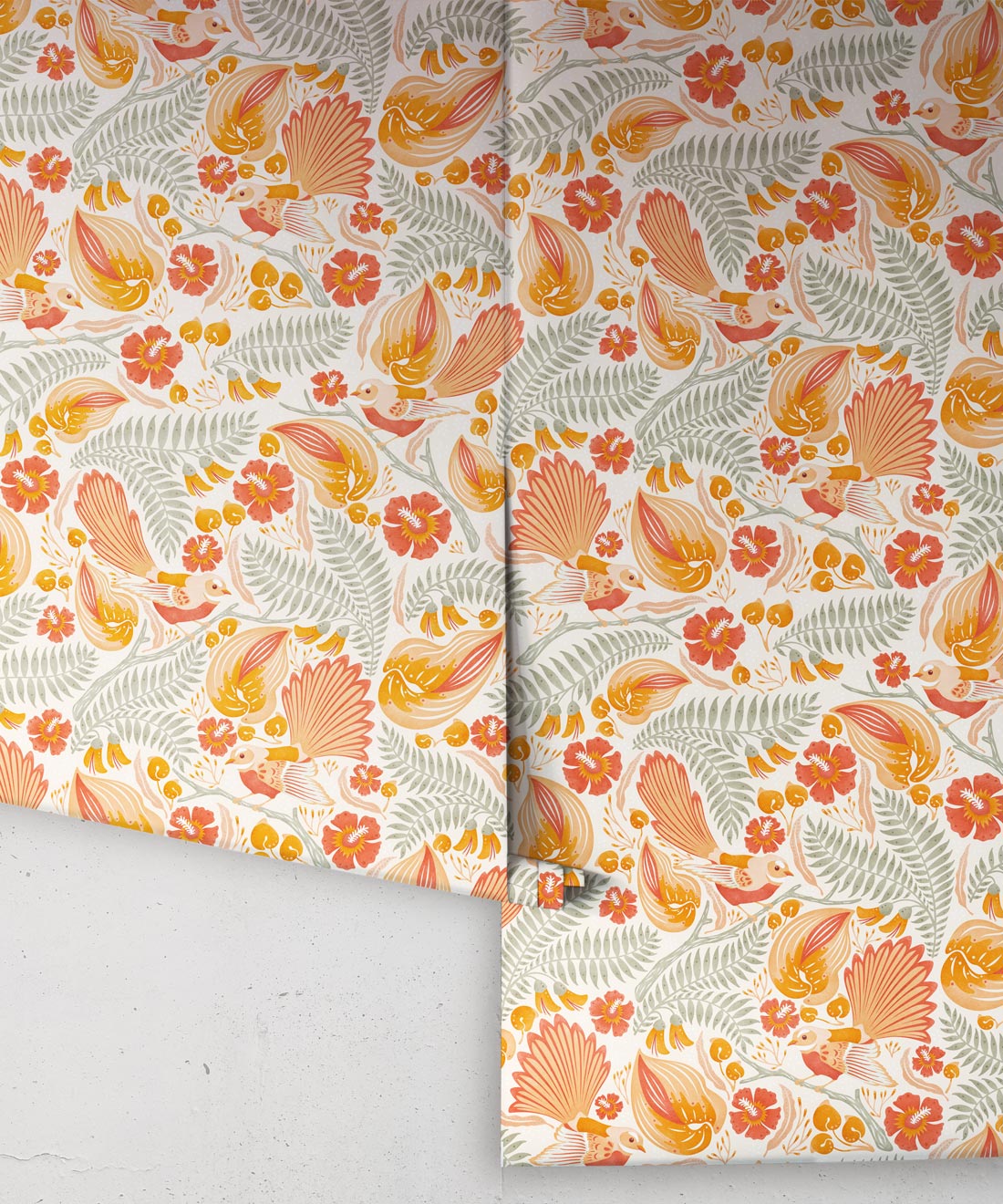 Faintails Wallpaper • New Zealand • Bird Wallpaper • Kowhai Tree • Kowhai Flowers • Orange Wallpaper • Light Colorway • Wallpaper Rolls