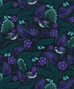Carta da parati Faintails - Nuova Zelanda - Carta da parati con uccelli - Albero Kowhai - Fiori Kowhai - Dark Purple  Carta da parati blu - Colore mezzanotte