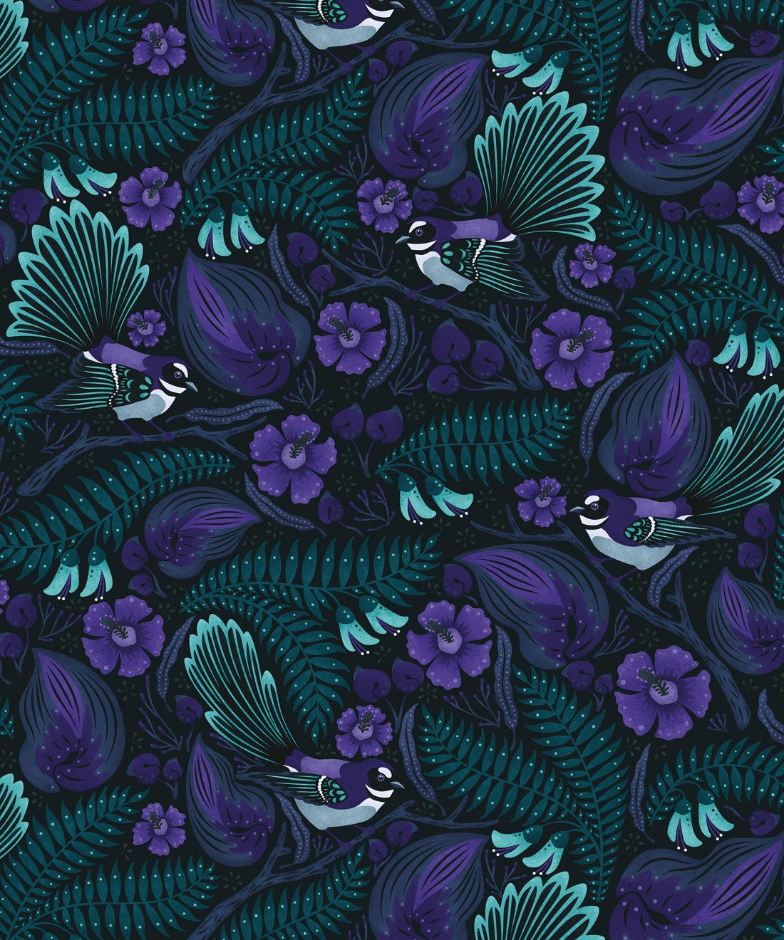 Faintails Wallpaper • New Zealand • Bird Wallpaper • Kowhai Tree • Kowhai Flowers • Dark Purple Blue Wallpaper • Midnight Colorway