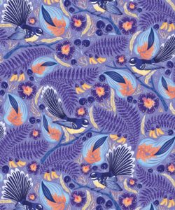 Carta da parati Faintails - Nuova Zelanda - Carta da parati con uccelli - Albero Kowhai - Fiori Kowhai - Carta da parati blu Purple - Original Colorway