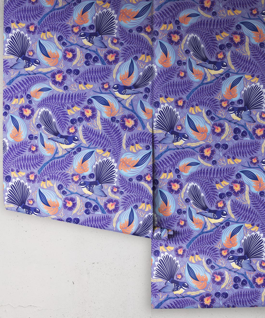Faintails Wallpaper • New Zealand • Bird Wallpaper • Kowhai Tree • Kowhai Flowers • Blue Purple Wallpaper • Original Colorway • Wallpaper Drops