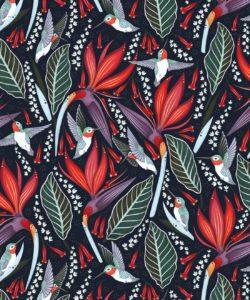 Carta da parati colibrì - Uccelli del paradiso - Carta da parati uccelli - Fiori rossi - Ciliegia nera