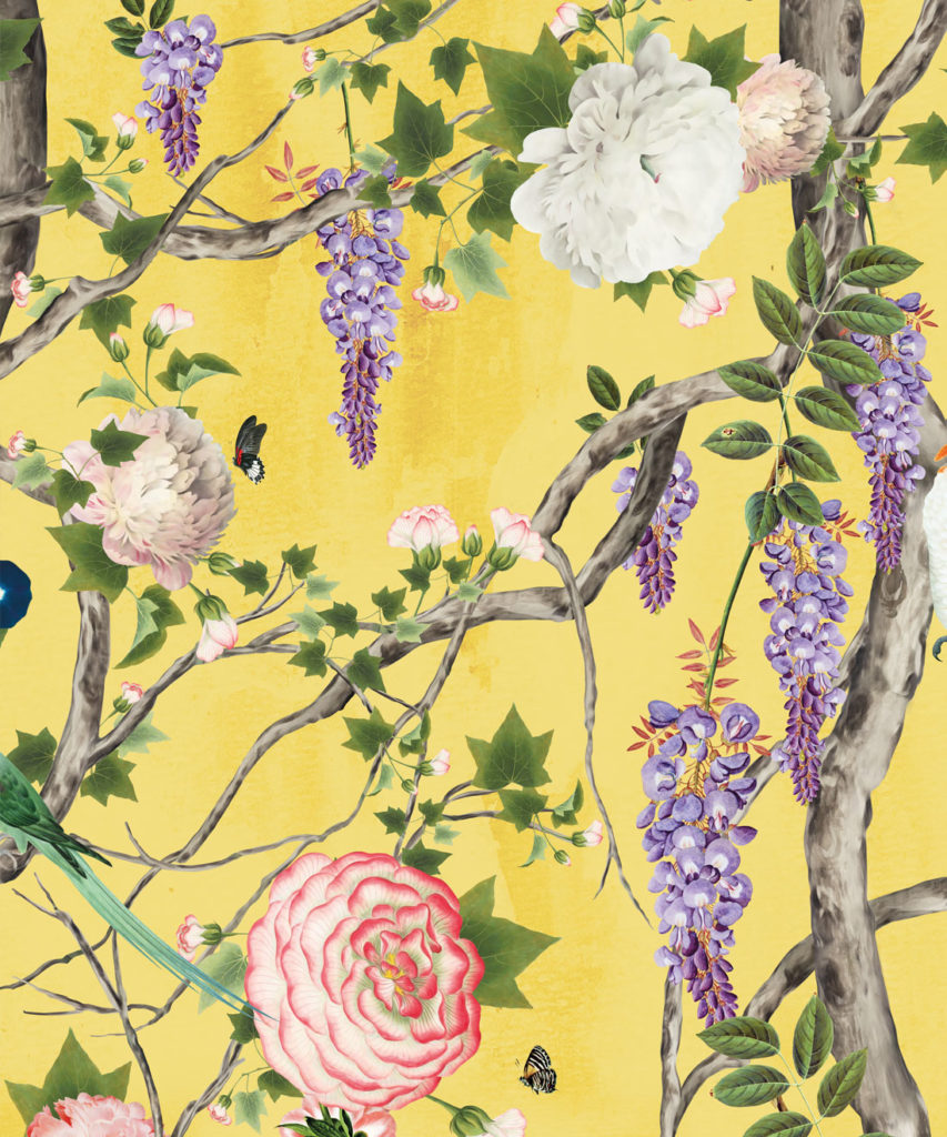 Empress Wallpaper - Papier peint romantique - Papier peint floral - Chinoiserie Wallpaper - Honey Yellow colour wallpaper swatch