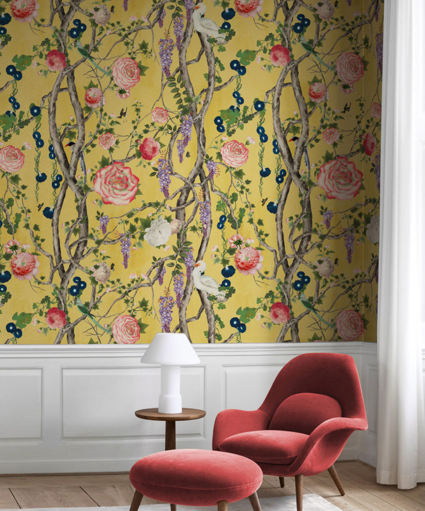 Empress Wallpaper - Papier peint romantique - Papier peint floral - Chinoiserie Wallpaper - Honey Yellow papier peint couleur insitu