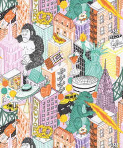 Carta da parati di New York di Jacqueline Colley con Godzilla, King Kong, un UFO, edifici e la statua della Libertà.