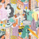 New York Wallpaper by Jacqueline Colley featuring Godzilla, King Kong, a UFO, buildings and the statue of liberty swatch
