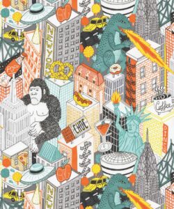 New York City Wallpaper di Jacqueline Colley con Godzilla, King Kong, un UFO, edifici e la statua della libertà - Grigio - campionario