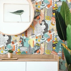 New York City Wallpaper by Jacqueline Colley featuring Godzilla, King Kong, a UFO, buildings and the statue of liberty • Grey • Insitu