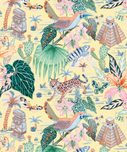 Carta da parati dello Yucatan con leopardi, iguane e rovine maya Chichén Itzá swatch