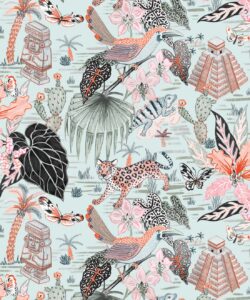 Carta da parati dello Yucatan con leopardi, iguane e rovine Maya Chichén Itzá - Neutral - swatch