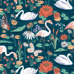 Pond Pattern Wallpaper featuring alligators, swans, flamingos and lily pads • Dark •swatch