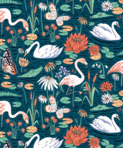 Pond Pattern Wallpaper con alligatori, cigni, fenicotteri e ninfee swatch