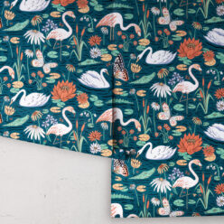 Pond Pattern Wallpaper featuring alligators, swans, flamingos and lily pads rolls