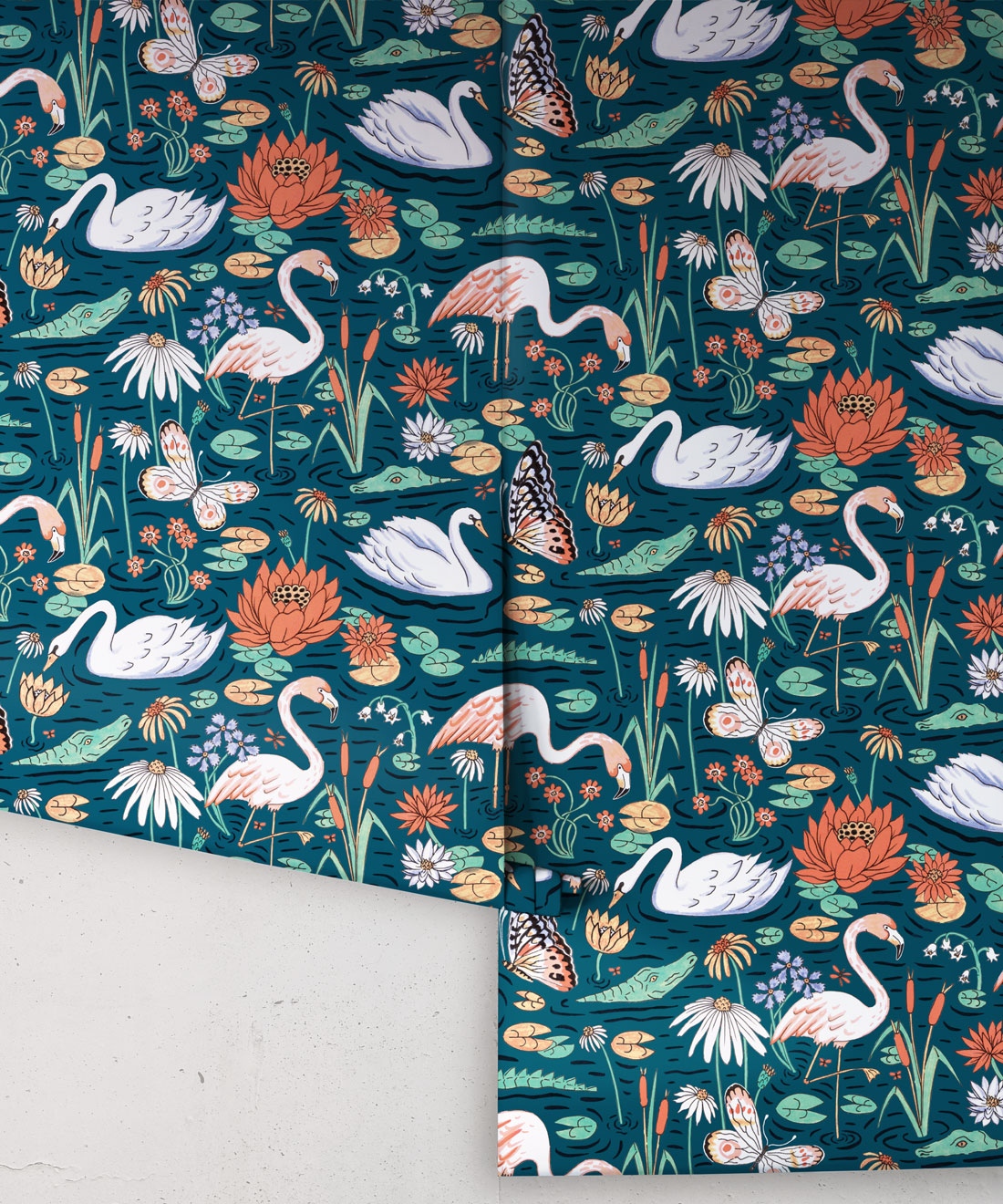 Pond Pattern Wallpaper featuring alligators, swans, flamingos and lily pads rolls