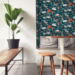Pond Pattern Wallpaper featuring alligators, swans, flamingos and lily pads insitu
