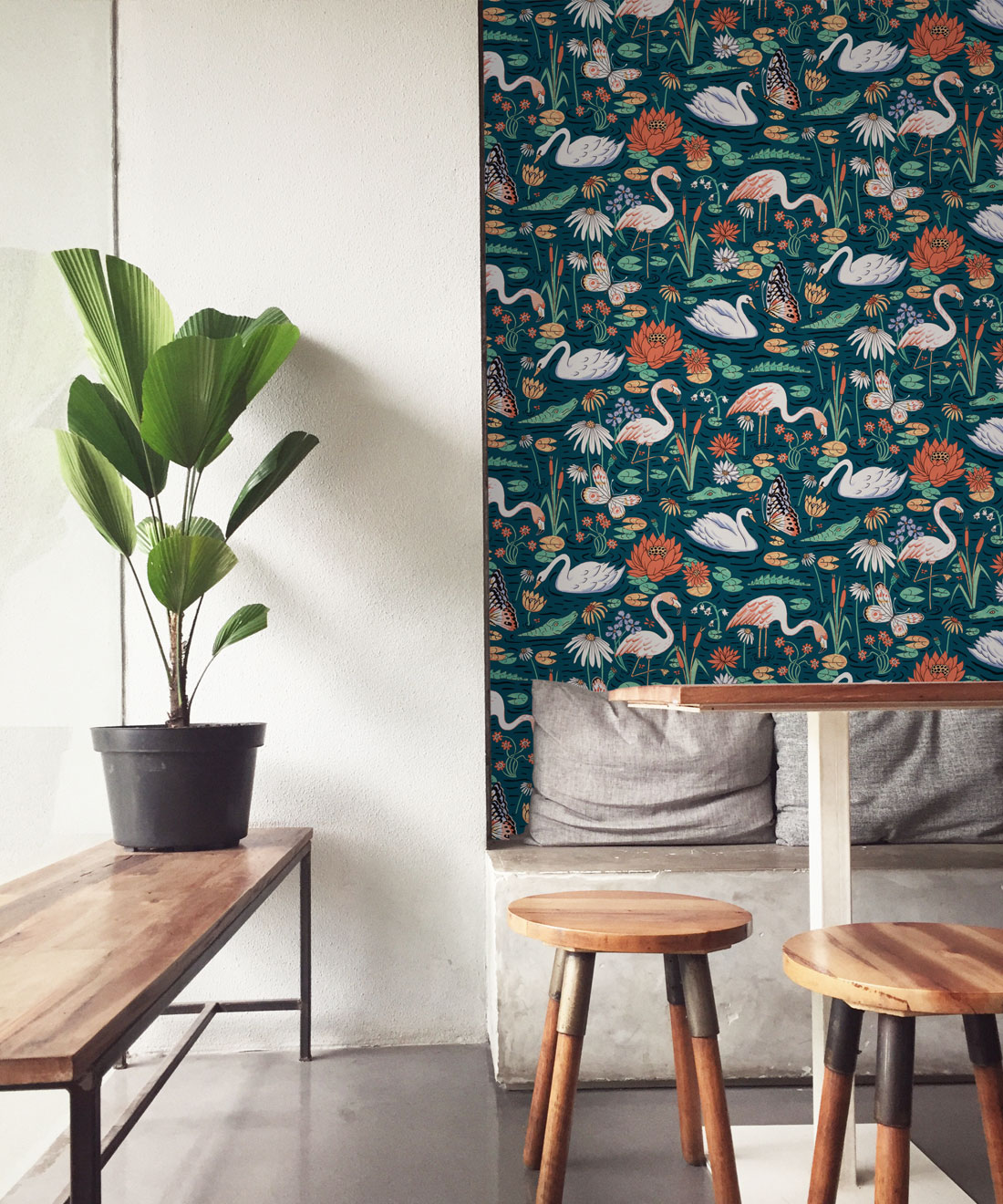 Pond Pattern Wallpaper featuring alligators, swans, flamingos and lily pads insitu