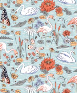Pond Pattern Wallpaper con alligatori, cigni, fenicotteri e ninfee - Luce - Campionario