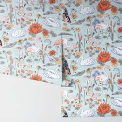 Pond Pattern Wallpaper featuring alligators, swans, flamingos and lily pads • Light • Rolls