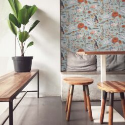 Pond Pattern Wallpaper featuring alligators, swans, flamingos and lily pads • Light • Insitu