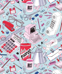1980's Office Wallpaper Calcolatrici, spillatrici, computer, telefoni su una scrivania disordinata - retro wallpaper