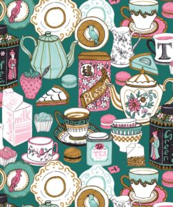 Tea Time Wallpaper - tazze da tè, teiere, amaretti - latte e cream - Teal - swatch