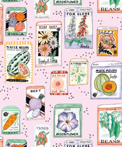 Seed Packets Wallpaper con watermelon, carota, barbabietola, fagioli, papavero, margherita swatch