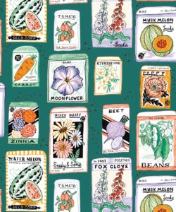 Seed Packets Wallpaper  watermelon, carota, barbabietola, fagiolo, papavero, margherita - - swatch Teal