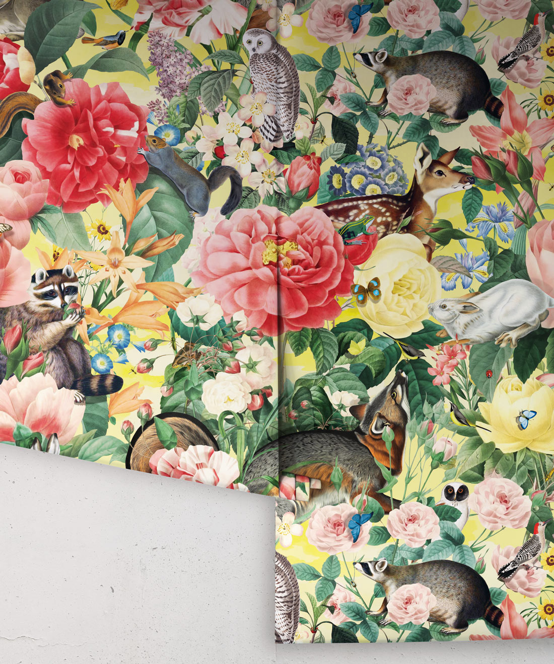 Bush Bouquet Spring Wallpaper • Lemon Colored Wallpaper • Assorted Color and Multi-color wallpaper • Floral Wallpaper • Wallpaper With Forest Animals • Rolls