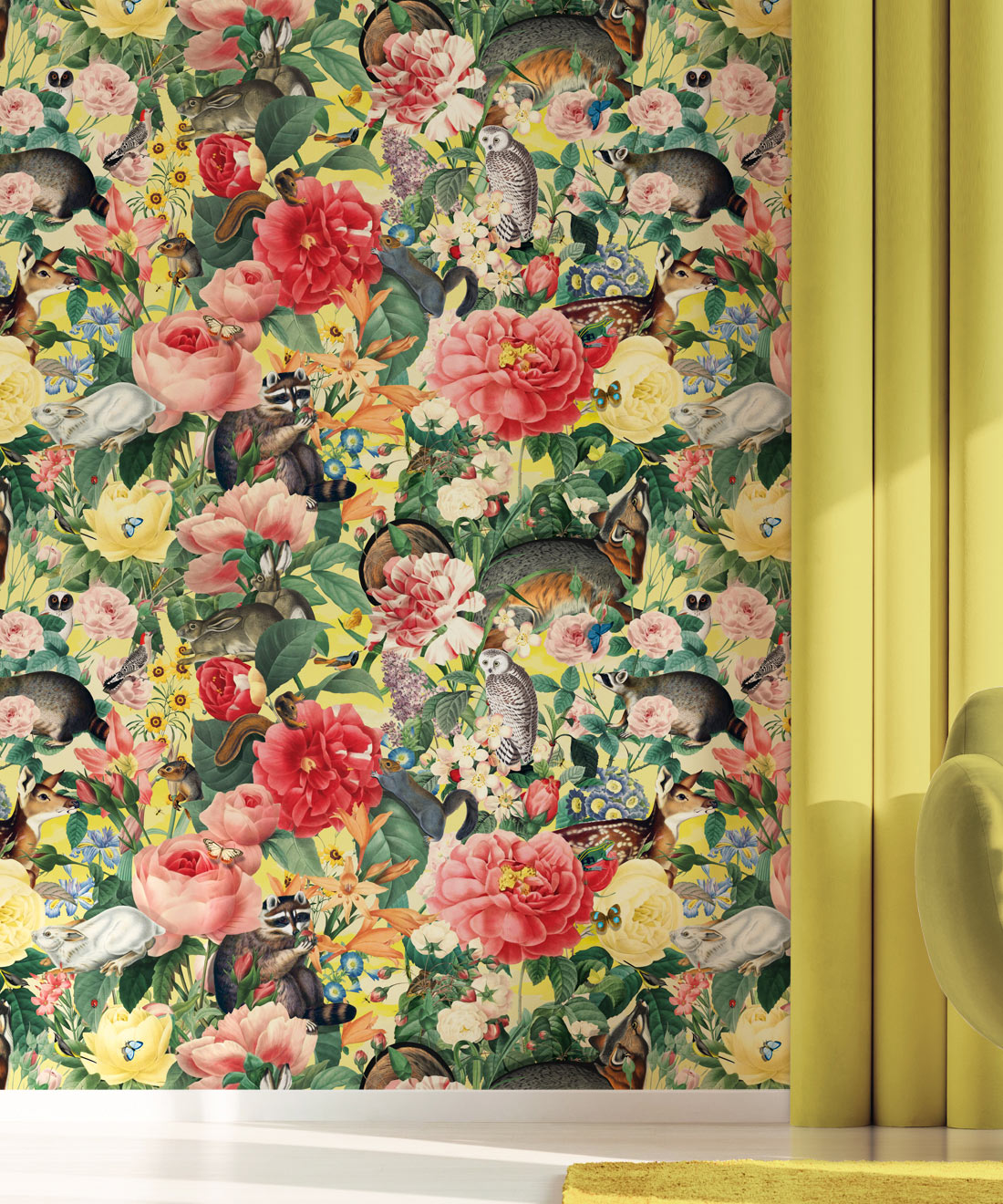 Bush Bouquet Spring Wallpaper • Lemon Colored Wallpaper • Assorted Color and Multi-color wallpaper • Floral Wallpaper • Wallpaper With Forest Animals • Insitu