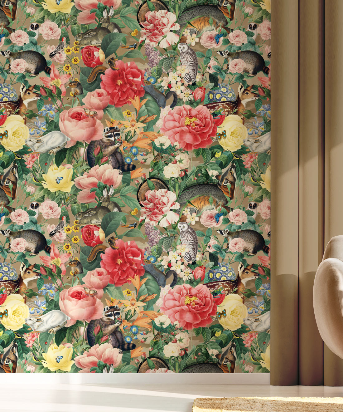 Bush Bouquet Spring Wallpaper • Brown Oak Colored Wallpaper • Assorted Color and Multi-color wallpaper • Floral Wallpaper • Wallpaper With Forest Animals • Insitu