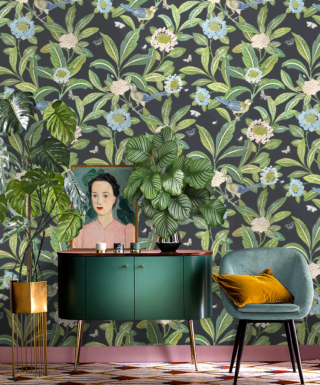 Summer Garden Wallpaper • Charcoal Wallpaper • Floral Wallpaper Insitu with green cabinet