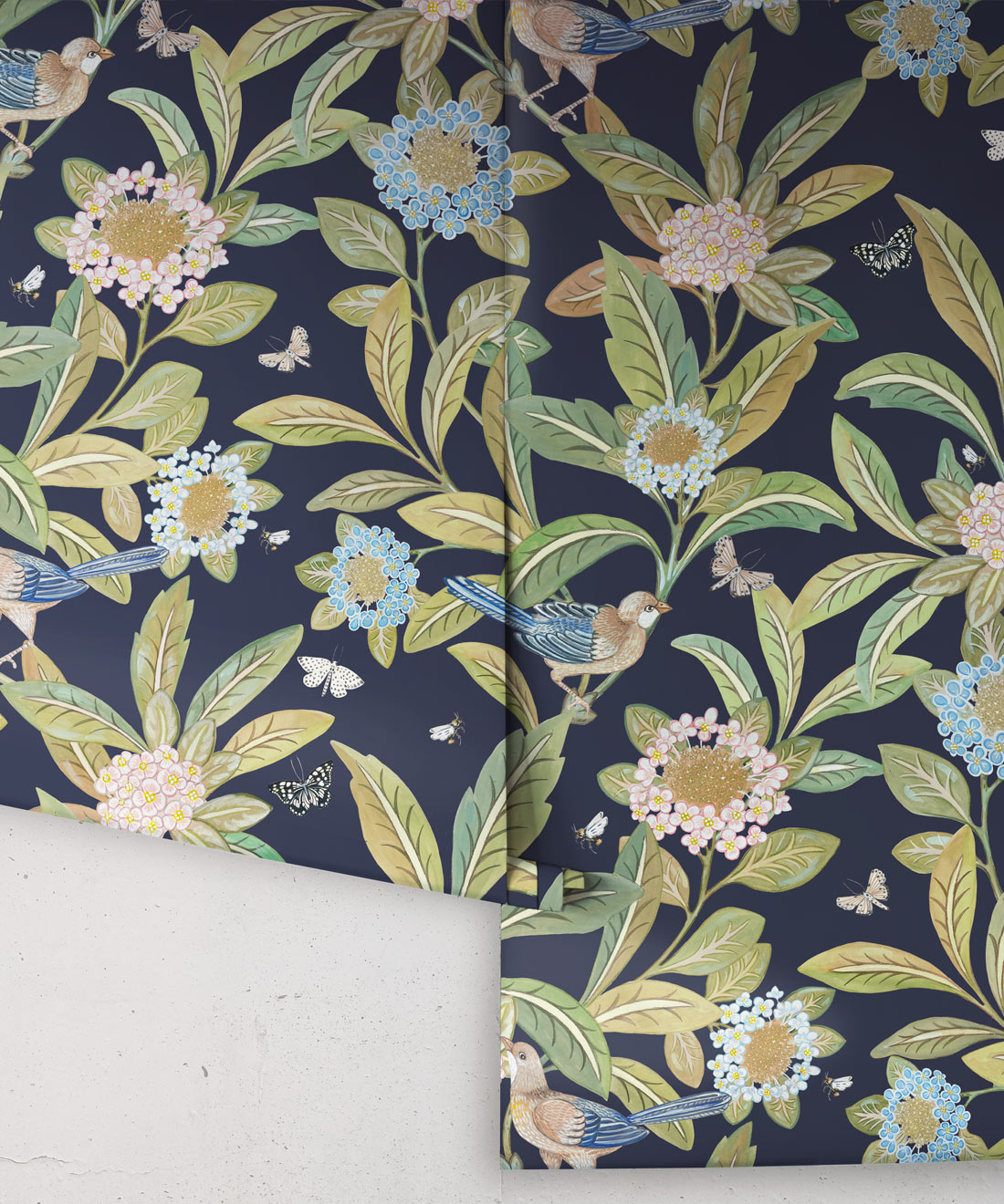 Summer Garden Wallpaper • Navy Wallpaper • Floral Wallpaper Rolls