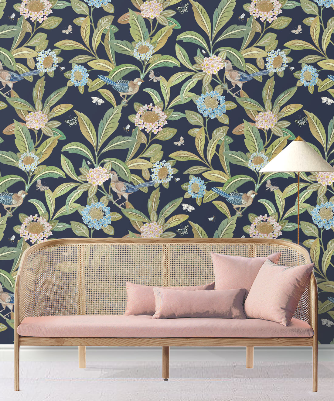 Summer Garden Wallpaper • Navy Wallpaper • Floral Wallpaper Insitu