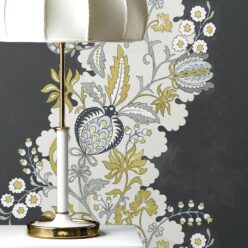 Pomegranate Wallpaper • Charcoal • Insitu with lamp