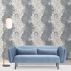 Pomegranate Wallpaper • Dusty Pink • Insitu with blue sofa