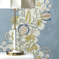 Pomegranate Wallpaper • French Blue • Insitu with lamp